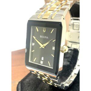 Bulova Men's Watch 98D153 Black Dial Diamond Accent Rectangle Two Tone Steel